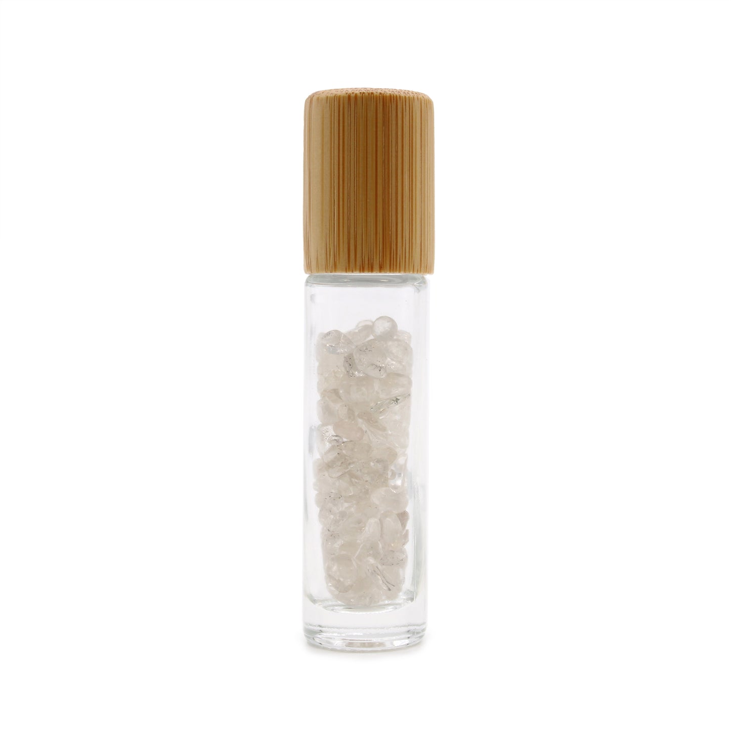 Gemstone Essential Oil Roller Bottle - Clear Quartz - Wooden Cap
