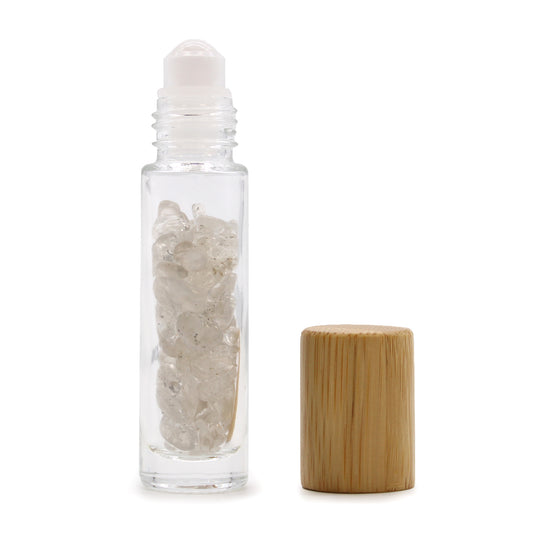 Gemstone Essential Oil Roller Bottle - Clear Quartz - Wooden Cap