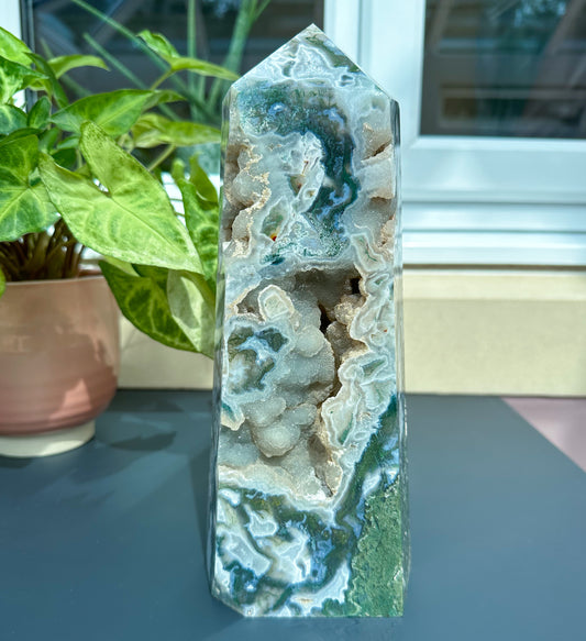 Large Green Moss Agate Tower With Druzy - Sussex Stones Crystal Shop