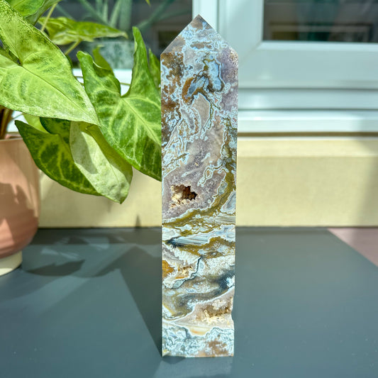 Pink Moss Agate Tower With Druzy - Sussex Stones Crystal Shop