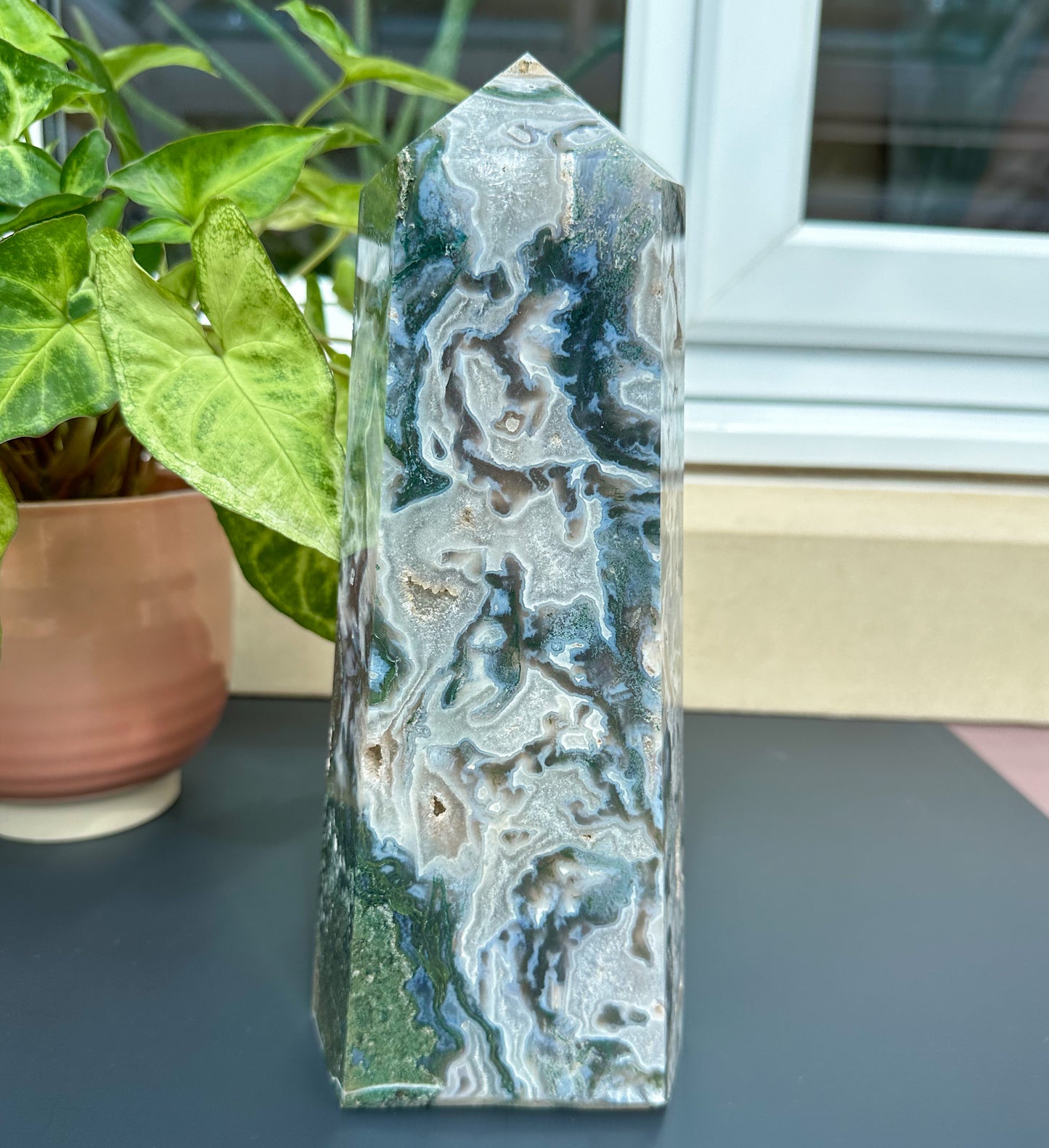 Large Green Moss Agate Tower With Druzy