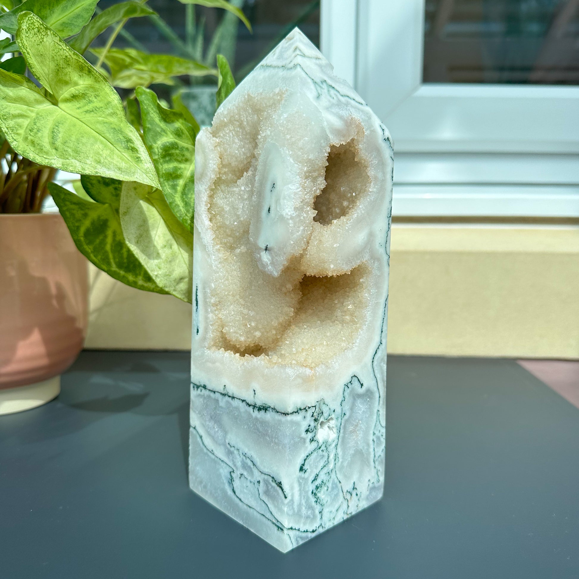 Green Moss Agate Tower With Druzy - Sussex Stones Crystal Shop