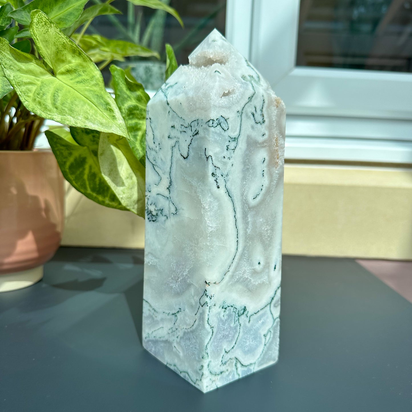 Green Moss Agate Tower With Druzy - Sussex Stones Crystal Shop