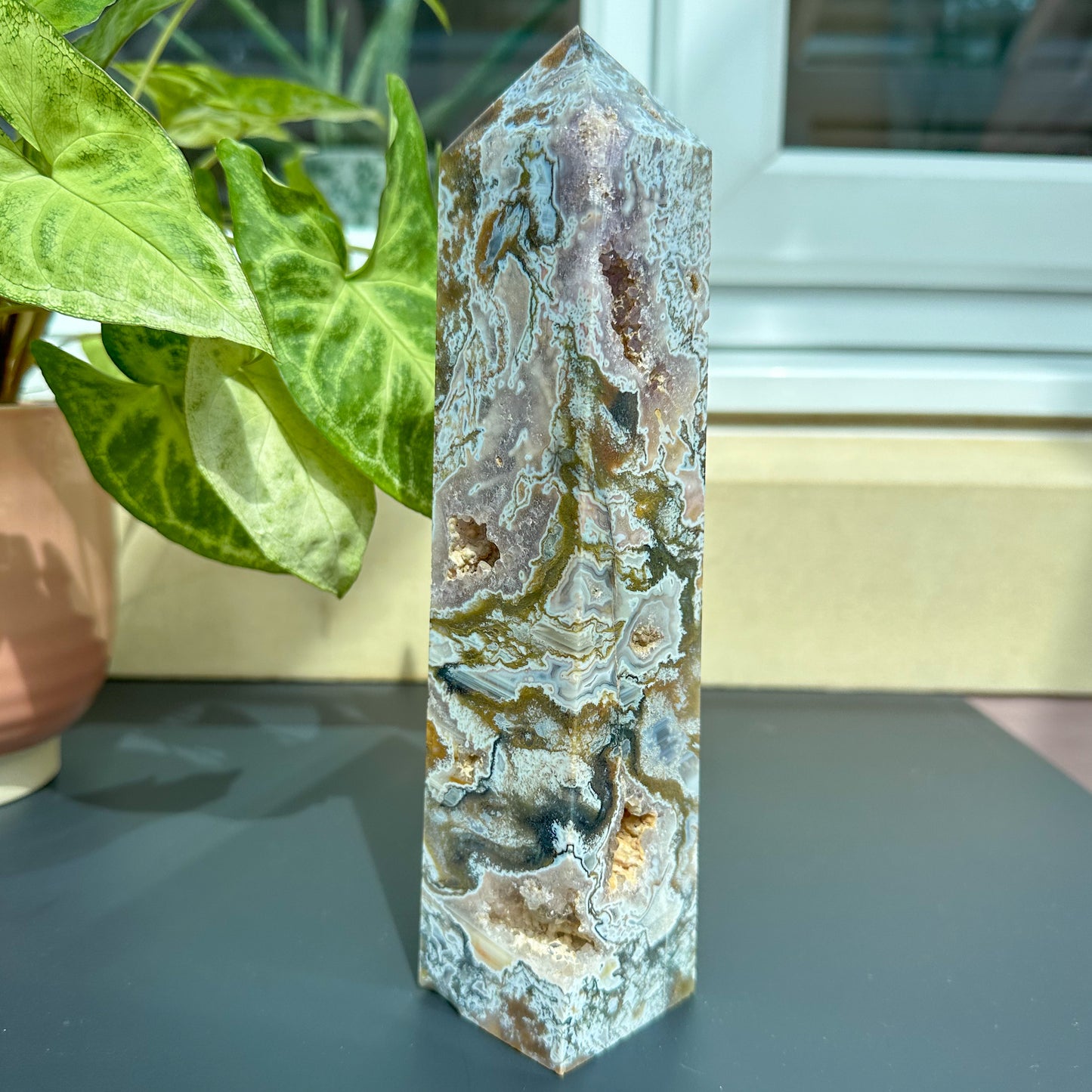 Pink Moss Agate Tower With Druzy - Sussex Stones Crystal Shop